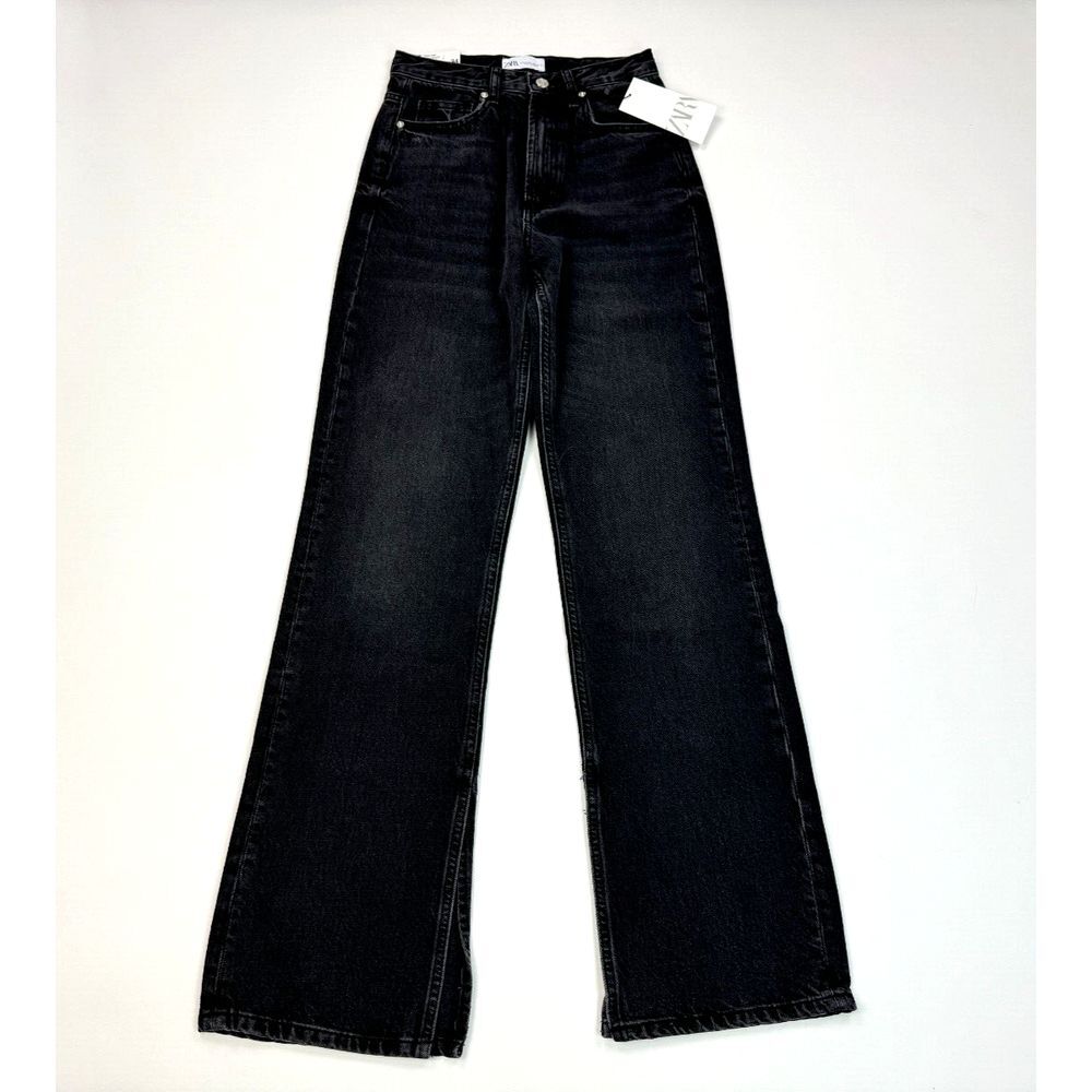 Zara High rise Wide leg Split Full length Jeans Women US 2 NWT Cotton Pockets - Picture 3 of 11
